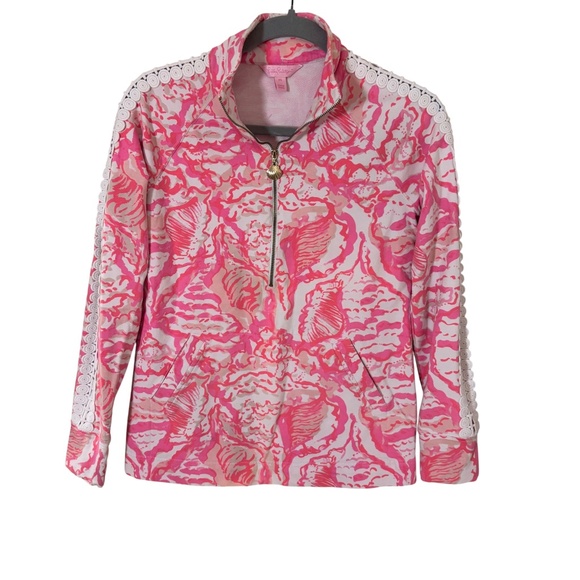 Lilly Pulitzer Pink Coral Print Half-Zip Pullover Top XS coastal bright lace - Picture 1 of 14